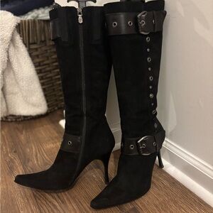 Donald Pliner Couture Italy Black Suede VIRGO Knee High Boots~8.5M~Buckles~Studs